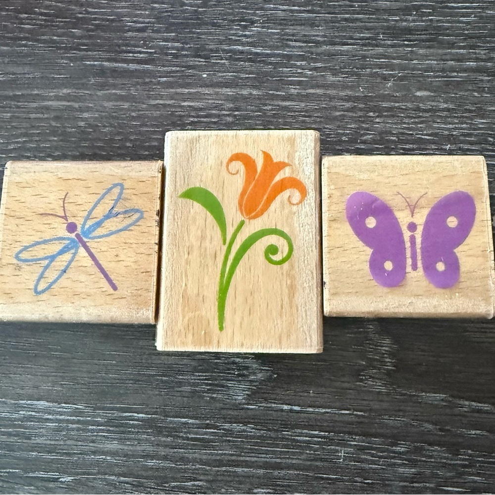 Wooden Art Stamps Set - Dragonfly, Flower, Butterfly